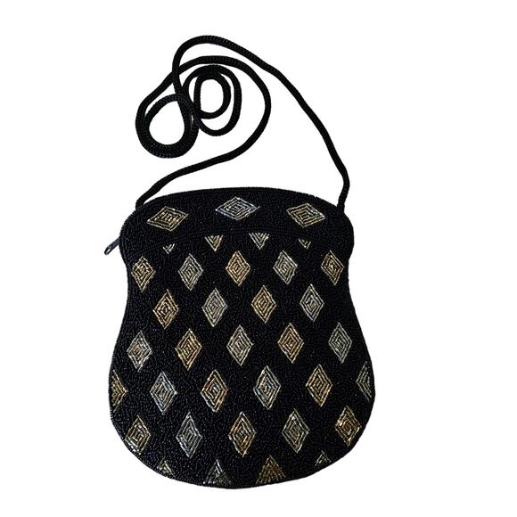 Vintage Black Jet Beaded Evening Bag Crossbody Diamond Pattern - Picture 1 of 5